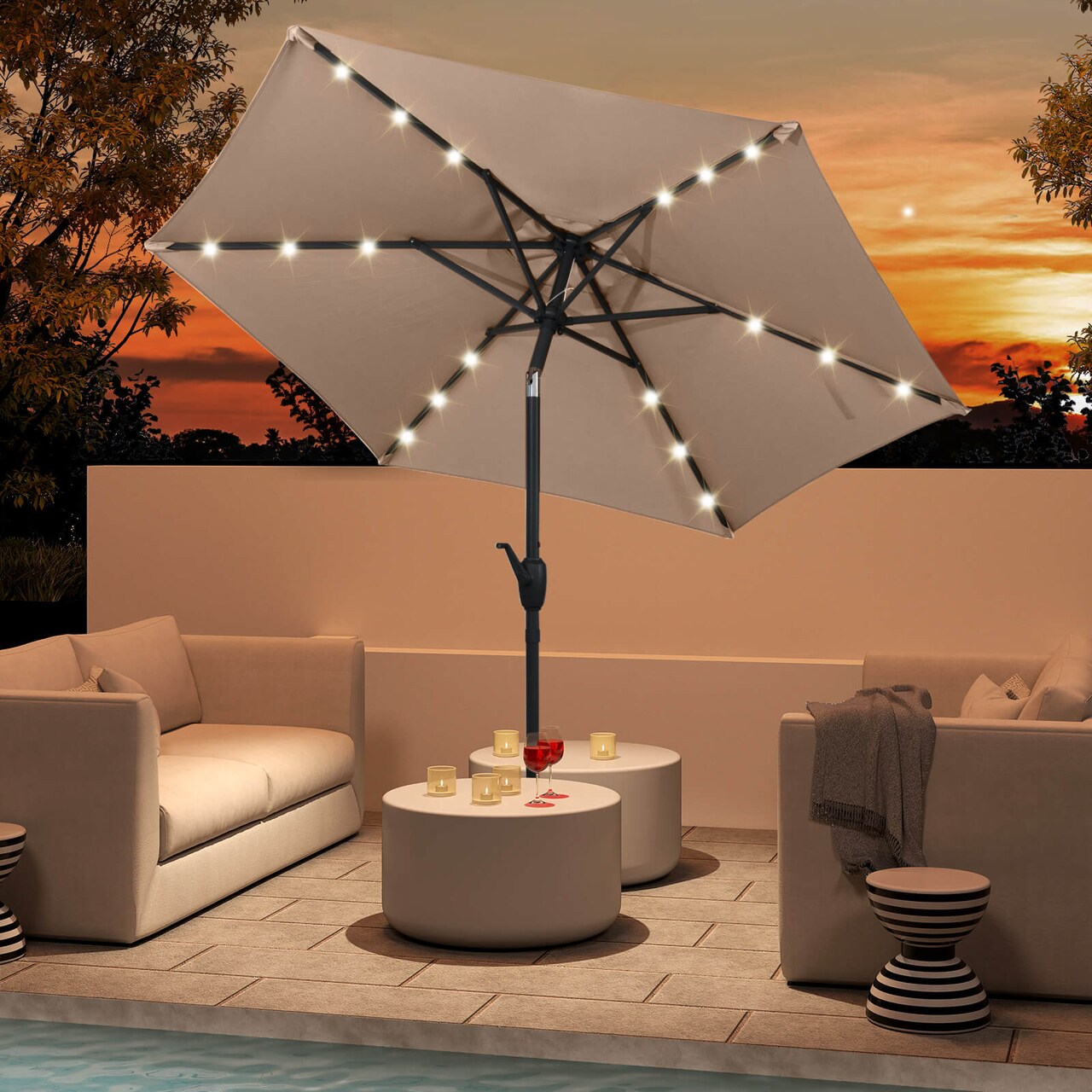 Costway 7.5 ft Solar Powered Patio Umbrella with LED Lights Push Button Tilt Crank Handle Beige/Gray/Navy/Black/Brown/Red